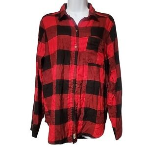 Hollister Womens Red Black Buffalo Plaid Button Down Shirt Long Sleeve Size M